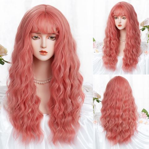 Women's Cute Lolita Pink Casual Holiday Chemical Fiber Bangs Long Curly Hair Wig Net
