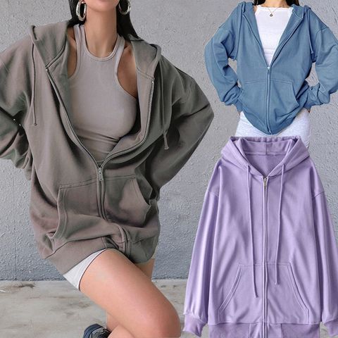 Sudaderas Con Capucha Para Mujer Manga Larga Casual Estilo Clásico Color Sólido