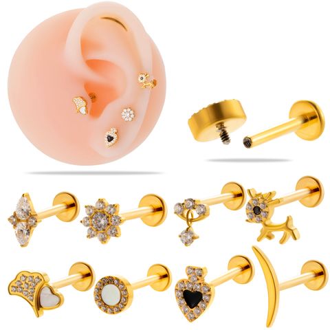 1 Piece Ear Cartilage Rings & Studs Simple Style Korean Style Water Droplets Flower Pure Titanium Plating Inlay Zircon