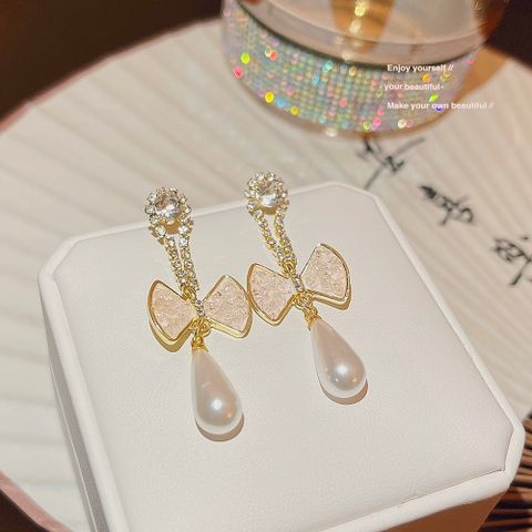 1 Pair Sweet Bow Knot Plating Inlay Copper Artificial Pearls Artificial Diamond Drop Earrings