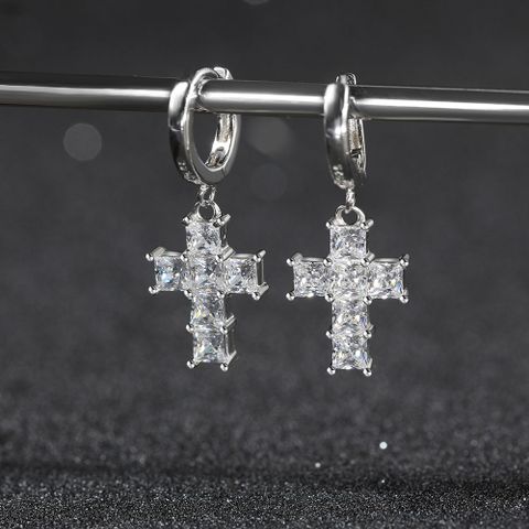 1 Pair Simple Style Shiny Cross Polishing Plating Inlay Sterling Silver Zircon Drop Earrings