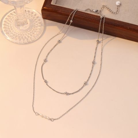 Stainless Steel Vintage Style Simple Style Solid Color Beaded Pearl Plating Double Layer Necklaces