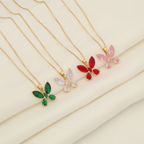 Wholesale IG Style Shiny Butterfly 304 Stainless Steel Inlay 18K Gold Plated Glass Pendant Necklace