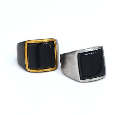 Nordic Style Hip-Hop Punk Square Titanium Steel Inlay Gem 18K Gold Plated Men's Rings