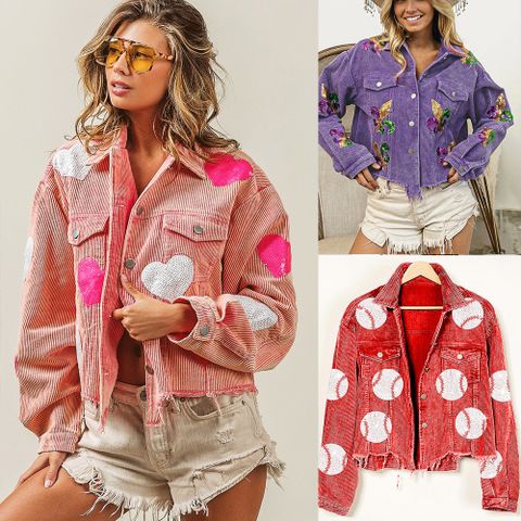 Women's Casual Streetwear Heart Shape Sequins Single Breasted Coat Casual Jacket