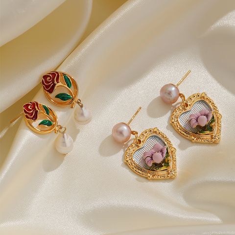 Freshwater Pearl Copper Elegant British Style Heart Shape Rose Enamel Plating Inlay Freshwater Pearl Drop Earrings