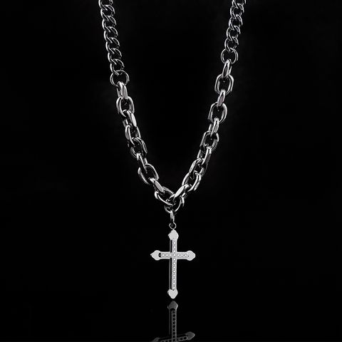 Hip-Hop Modern Style Cool Style Cross 304 Stainless Steel Polishing Inlay Rhinestones Men's Pendant Necklace