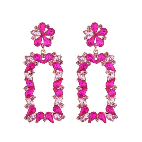 1 Pair Exaggerated Luxurious Flower Rectangle Inlay Alloy Rhinestones Glass Drop Earrings