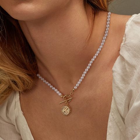Elegant Romantic Round Letter Imitation Pearl Copper Toggle Plating Women's Pendant Necklace