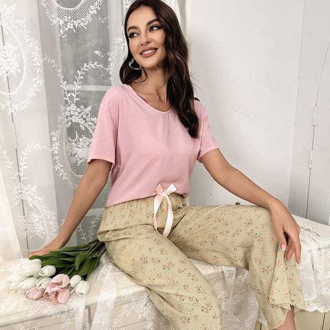Home Women's Elegant Flower Artificial Cotton Pants Sets Pajama Sets