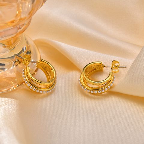 1 Pair Retro C Shape Plating Inlay Brass Artificial Pearls Gold Plated Ear Studs