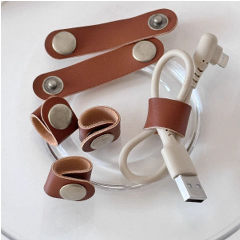 Ins Style Cowhide Leather Ring Data Cable Organizing Box Simple Retro Headset Cable Charging Clasp Cable Storage
