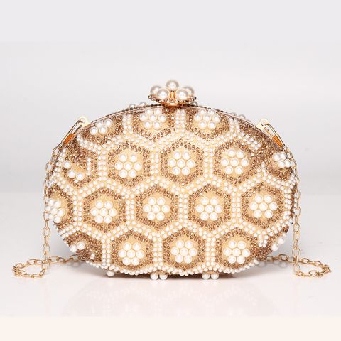 Gold Pu Leather Flower Oval Evening Bags