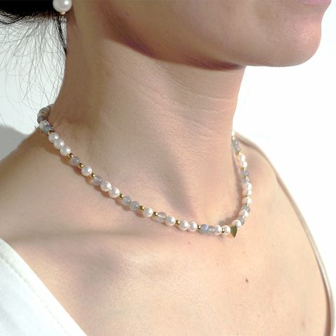 Elegant Glam Heart Shape Gold Plated Beaded Imitation Pearl Titanium Steel Wholesale Bracelets Necklace