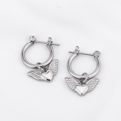 1 Pair Simple Style Heart Shape Wings Polishing Plating Titanium Steel Hoop Earrings
