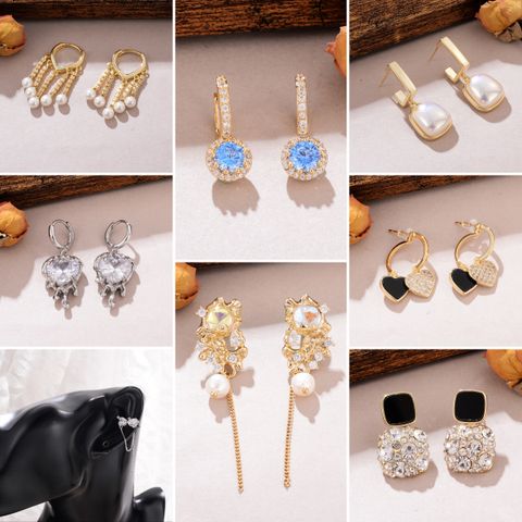 1 Pair Elegant Round Square Heart Shape Plating Inlay Artificial Pearl Copper Zircon Drop Earrings