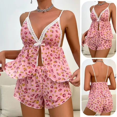 Home Sleeping Women's Elegant Lady Flower Polyester Mesh Yarn Shorts Sets Pajama Sets