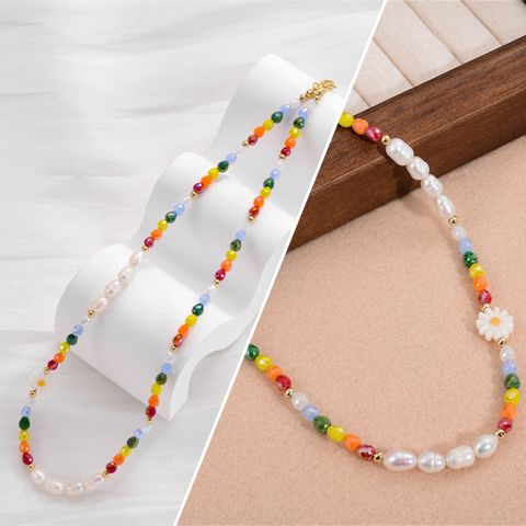 Vacation Pearl Flower Artificial Crystal Resin Freshwater Pearl Beaded Women's Necklace