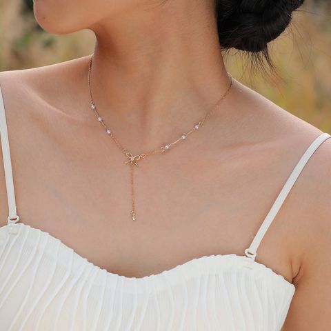 201 Stainless Steel IG Style Plating Inlay Bow Knot Artificial Pearls Pendant Necklace