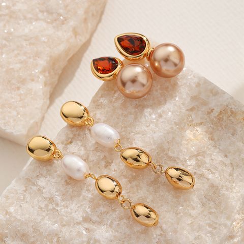 1 Pair Elegant Glam Geometric Plating Inlay Copper Rhinestones Freshwater Pearl Drop Earrings