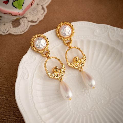 1 Pair Vintage Style French Style Angel Plating Inlay Carving Alloy Artificial Pearls Drop Earrings