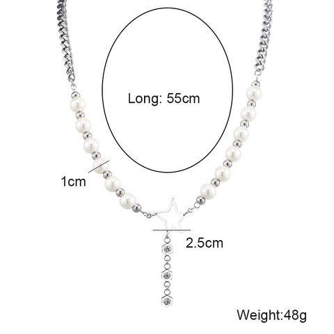 Hip-Hop Cool Style Star 304 Stainless Steel Artificial Pearl Beaded Inlay Rhinestones Unisex Necklace