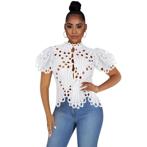 Women's Blouse Short Sleeve Blouses Hollow Out Elegant Classic Style Solid Color