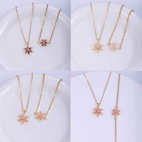 Stainless Steel Copper Sweet Flower Inlay Zircon Jewelry Set