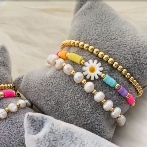 IG Style Color Block Flower Freshwater Pearl Soft Clay Copper Plating Women's Bracelets