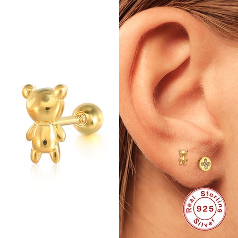 1 Piece Cute Bear Plating Sterling Silver Ear Studs