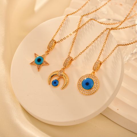 Stainless Steel Simple Style Devil's Eye Star Moon Plating Inlay Zircon Pendant Necklace