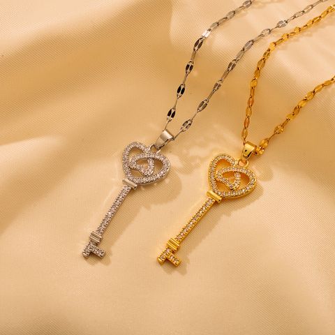 Stainless Steel Sweet Heart Shape Key Pendant Necklace