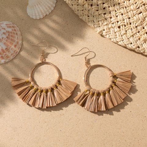 1 Pair Vacation Bohemian Triangle Round Water Droplets Tassel Straw Drop Earrings