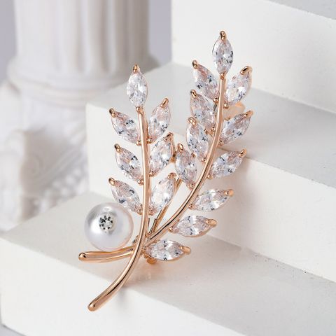 Simple Style Leaves Copper Inlay Pearl Zircon Women's Brooches