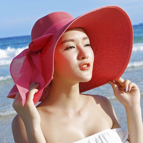 Women's Basic Solid Color Bowknot Flat Eaves Sun Hat