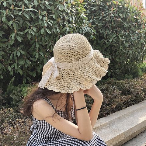 Women's Simple Style Plaid Bowknot Flat Eaves Straw Hat