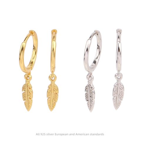 1 Pair Elegant Feather Plating Sterling Silver Drop Earrings