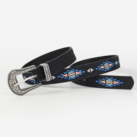 Casual Ethnic Style Flower Argyle Pu Leather Embroidery Women's Leather Belts