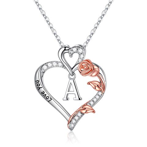 304 Stainless Steel Copper Elegant Simple Style Hollow Out Inlay Letter Heart Shape Rose Zircon Pendant Necklace