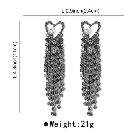 1 Pair Casual Heart Shape Tassel Alloy Rhinestones Drop Earrings