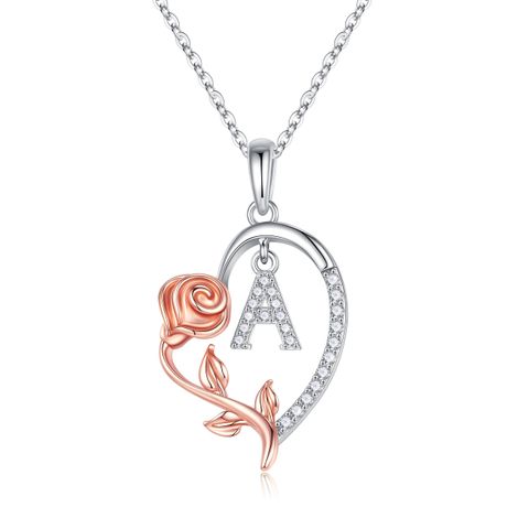 Elegant Romantic Letter Heart Shape Rose Stainless Steel Copper Plating Inlay Zircon 14k Gold Plated Pendant Necklace