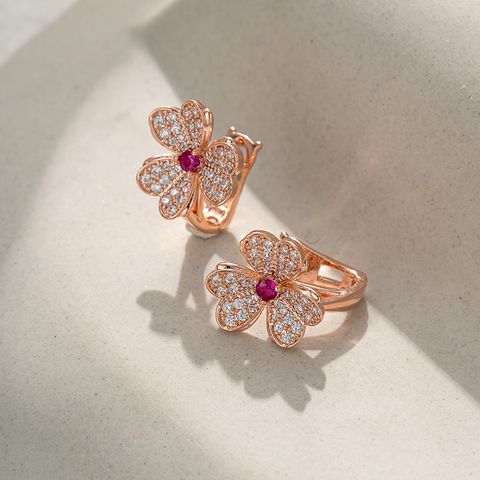 1 Pair Ig Style Flower Inlay Copper Zircon Huggie Earrings