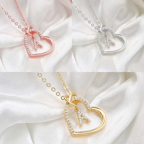 Elegant Letter Heart Shape Copper Plating Inlay Zircon 14k Gold Plated Pendant Necklace
