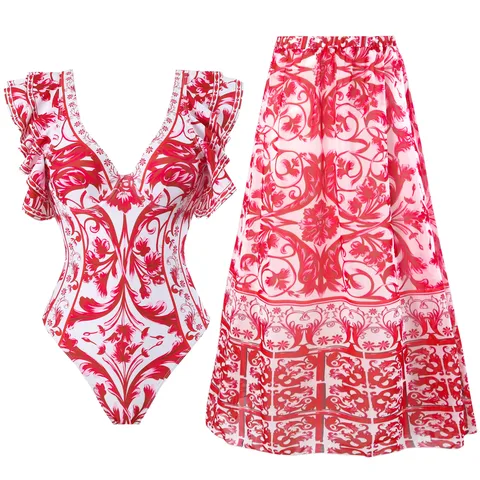 Women's Elegant Lady Printing 2 Pieces Set One Piece Swimwear