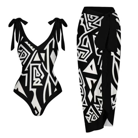 Women's Classic Style Printing Solid Color 2 Pieces Set One Piece Swimwear