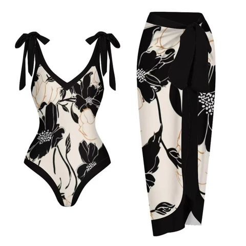 Women's Classic Style Printing Solid Color 2 Pieces Set One Piece Swimwear