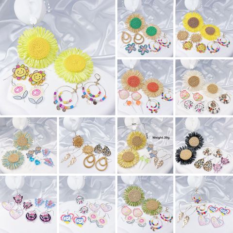 4 Pairs Cute Sweet Classic Style Heart Shape Flower Butterfly Painted Rattan Soft Clay Drop Earrings