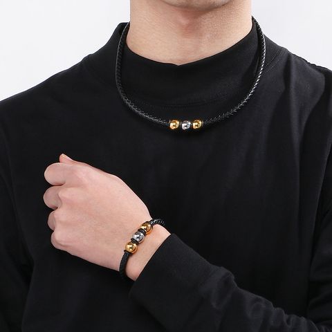 Simple Style Round Stainless Steel Beaded Men's Bracelets Necklace