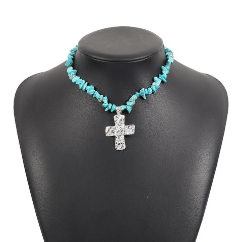 Vintage Style Vacation Classic Style Irregular Cross Alloy Turquoise Pendant Necklace In Bulk