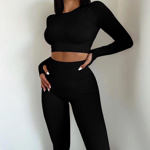 Basic Sports Solid Color Spandex Round Neck Tracksuit T-shirt Leggings